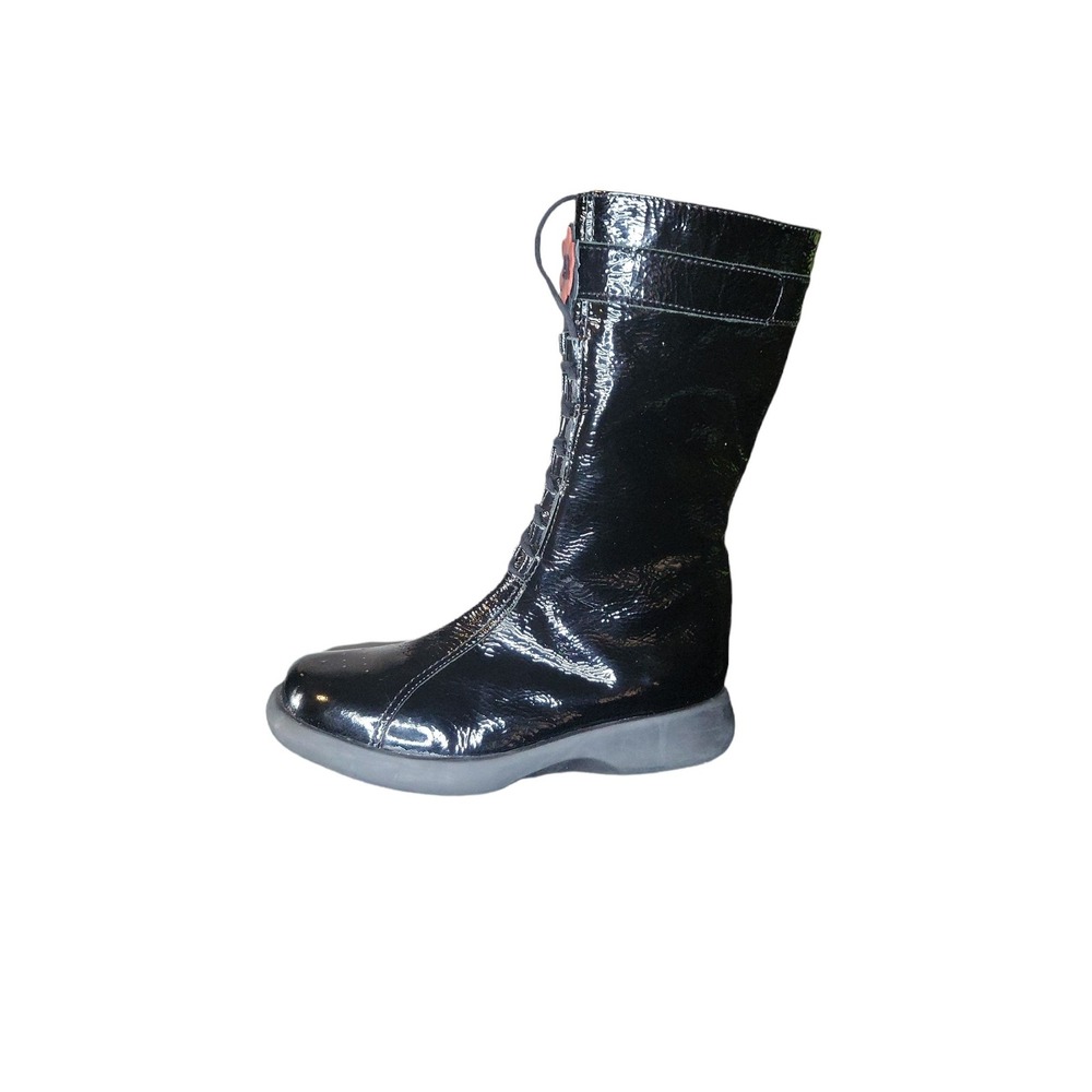 Girls Size 3.5 Black Patent Tall Boots Flower Lace Up Side Zip Sneaker Sole